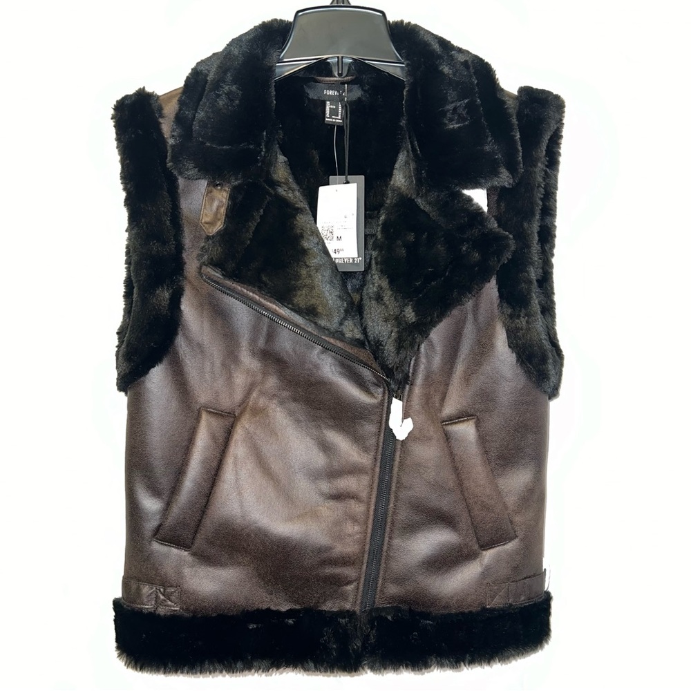 Dark Brown & Black Faux Fur Double-Faced Suede Motorcycle Vest